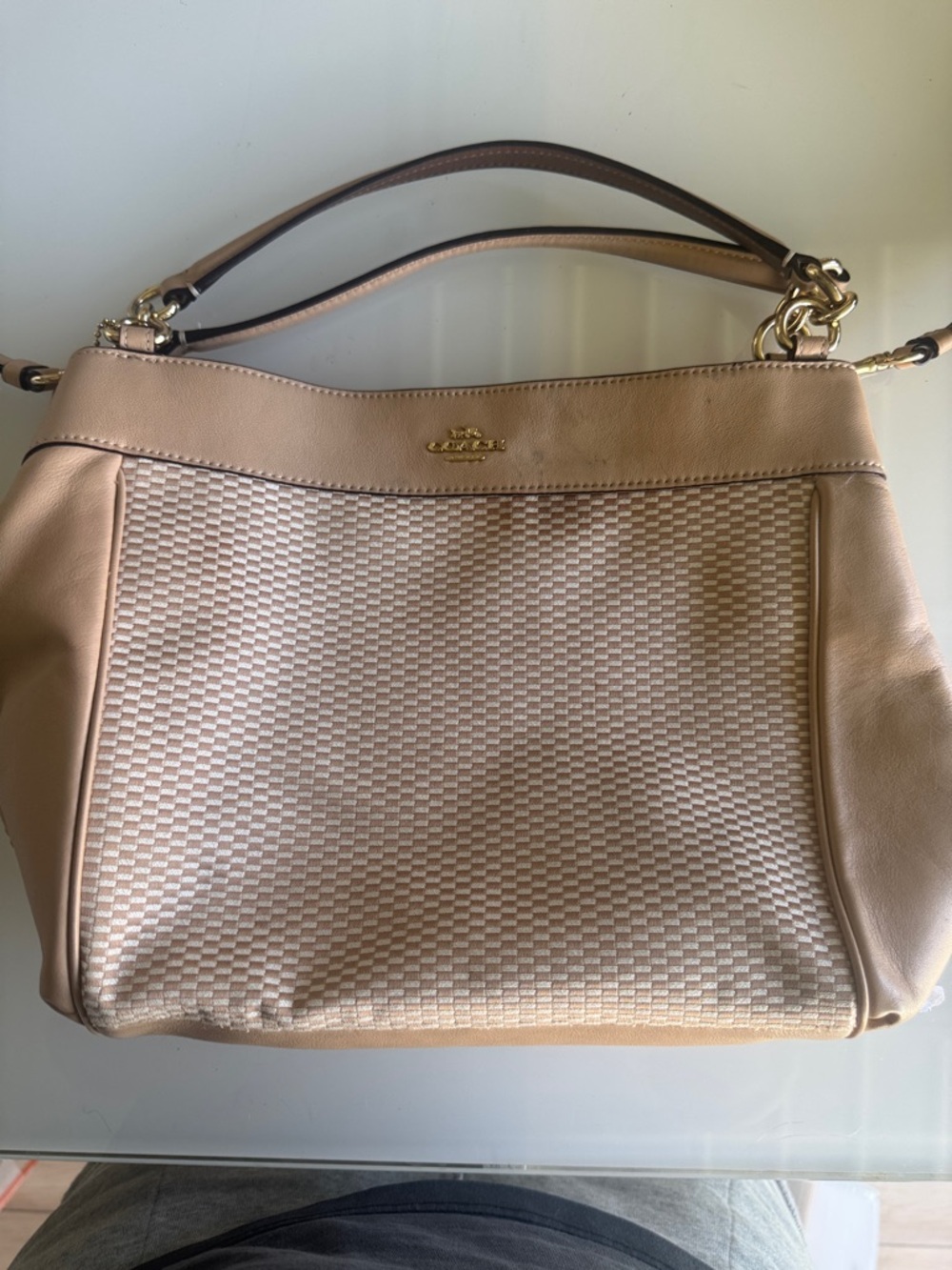 Coach East West Shoulder Bag | Beige Woven Fabric & Leather | Great Everyday Bag